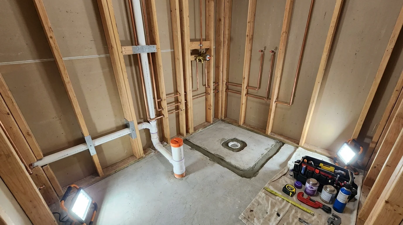 Bathroom rough-in plumbing during remodel by Johns Plumbing LLC in Pioche