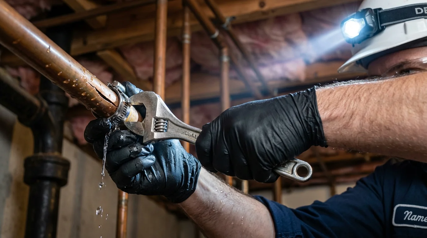 Emergency pipe clamp repair being performed by a Johns Plumbing LLC plumber in Pioche