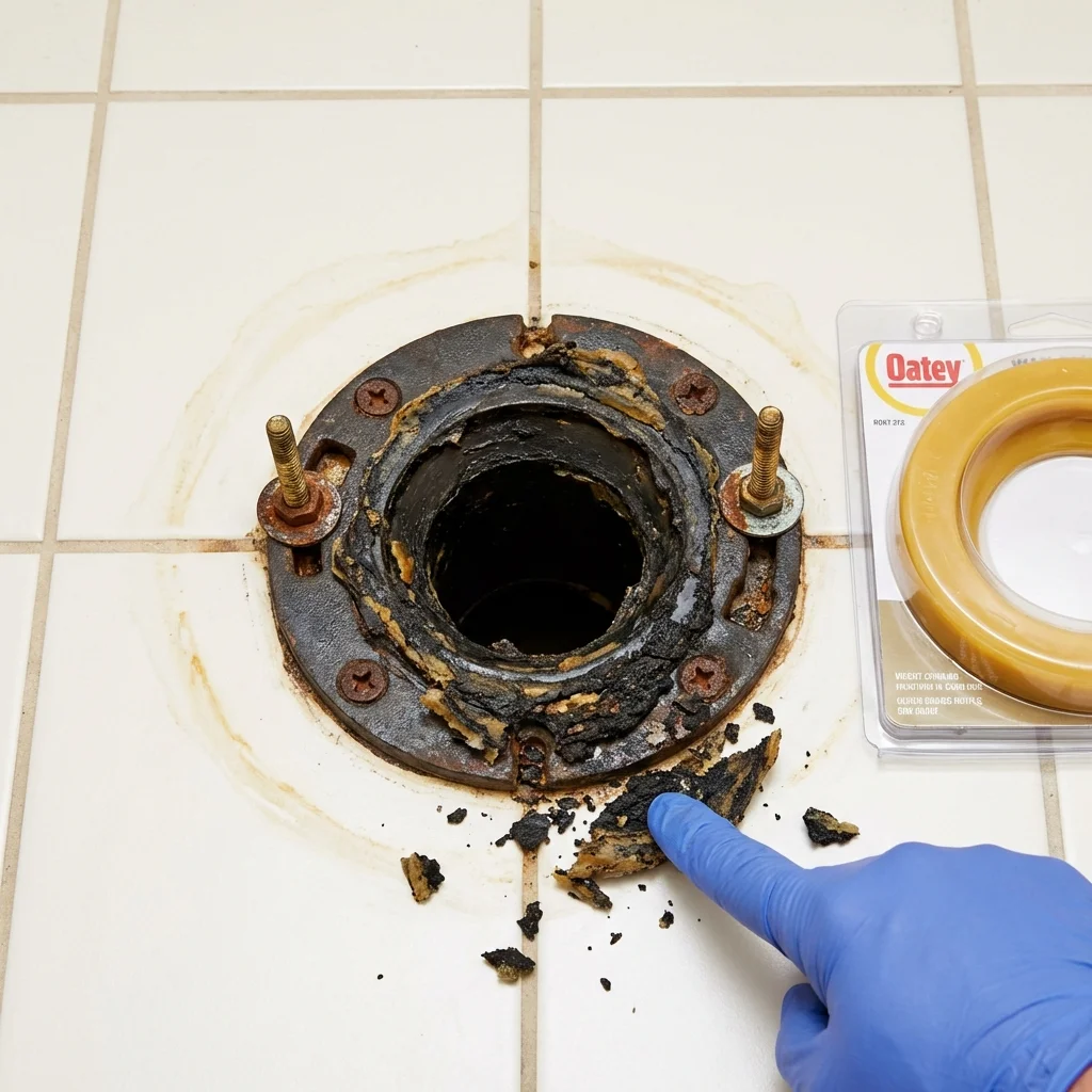 Failed wax ring showing water seepage at the base of a toilet in a Pioche, NV home